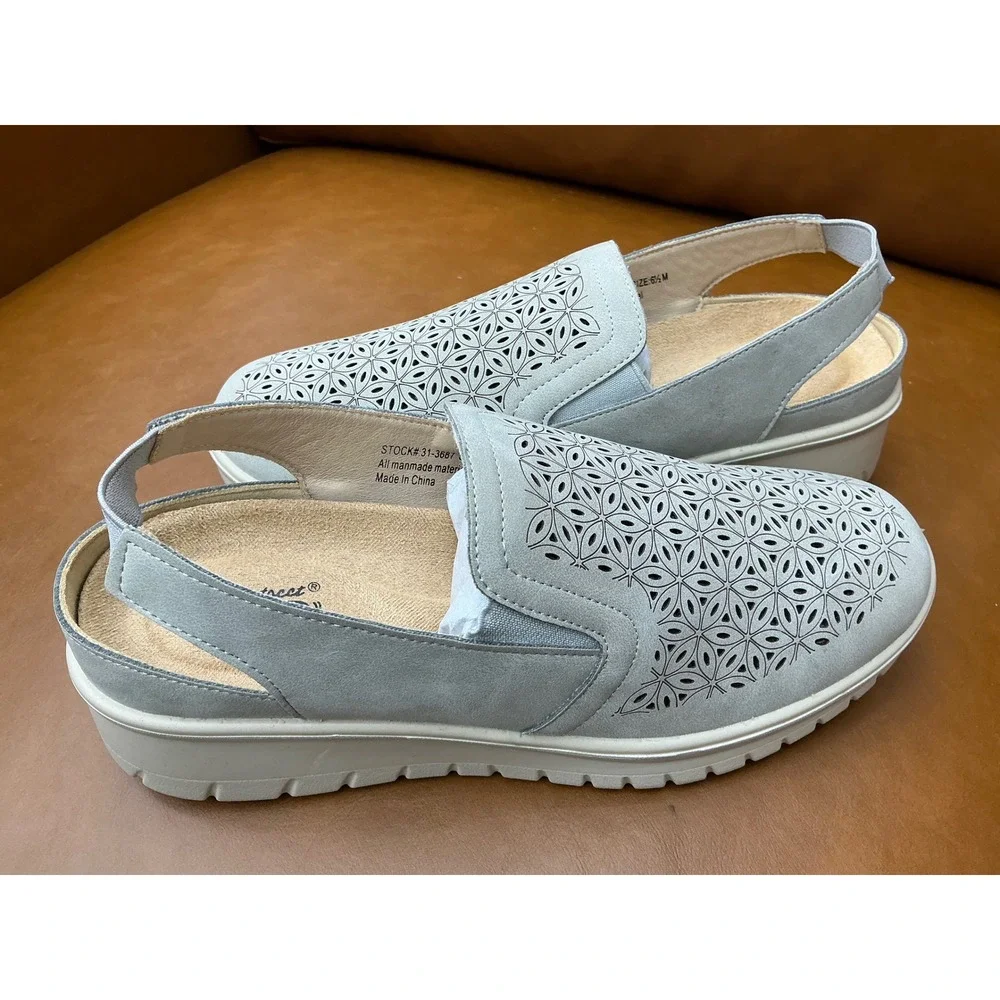 Easy‎ Street Petal Sandals Womens 6.5 Grey Excellent Laser Cut Wedge Slingback